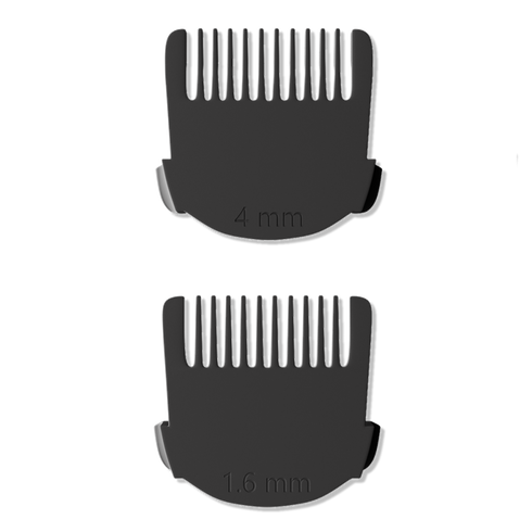 Two black plastic clipper guards labeled 4 mm and 1.6 mm for hair trimming attachments.