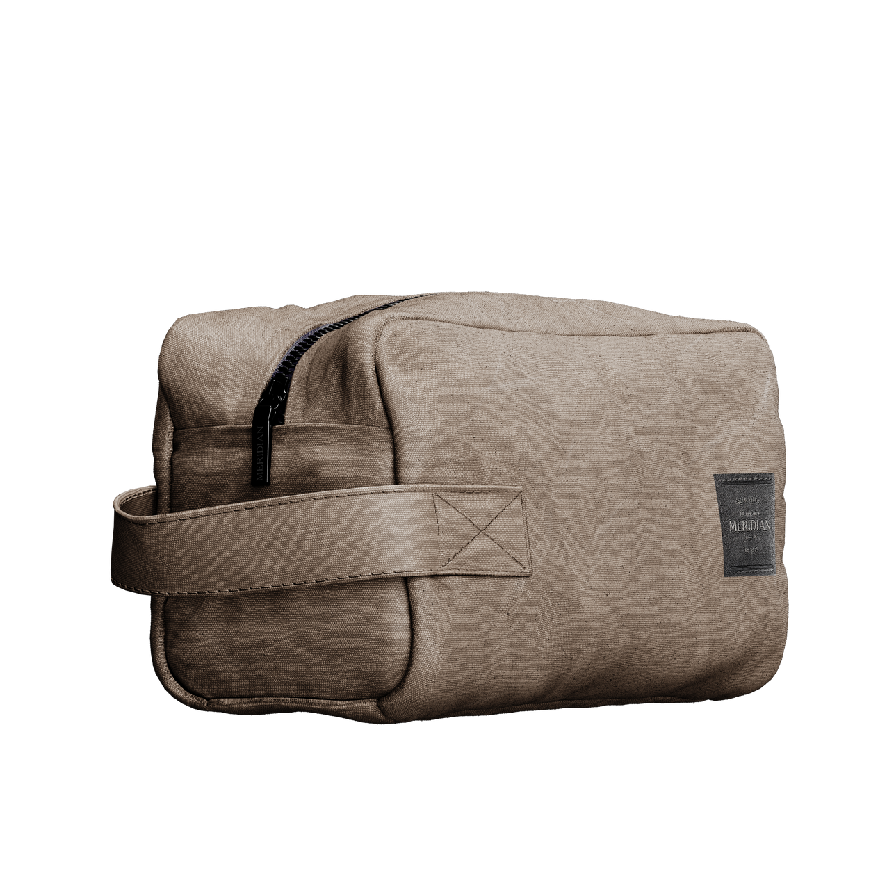 Beige canvas Meridian grooming toiletry bag with a side handle and black zipper against a black background.