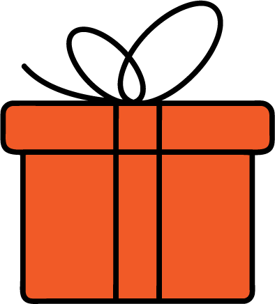 Orange gift box with a cross-shaped ribbon design on a black background.