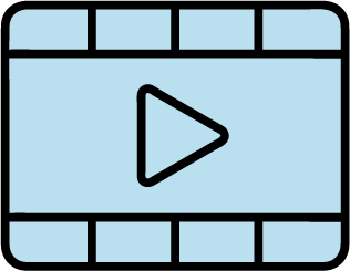Video play icon with a filmstrip border on a light blue background.