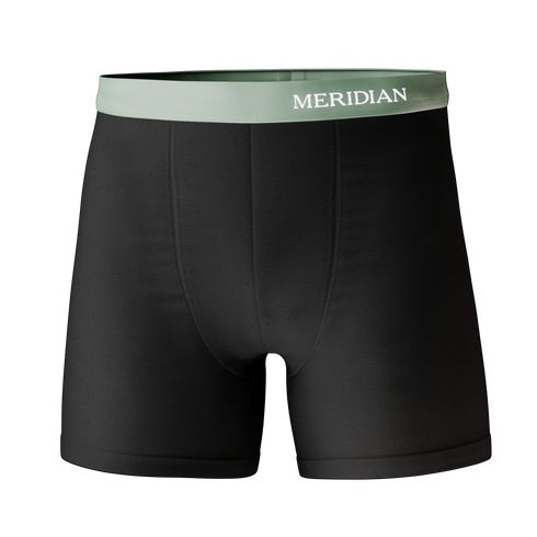Black boxer briefs with a light gray waistband featuring the Meridian brand name.