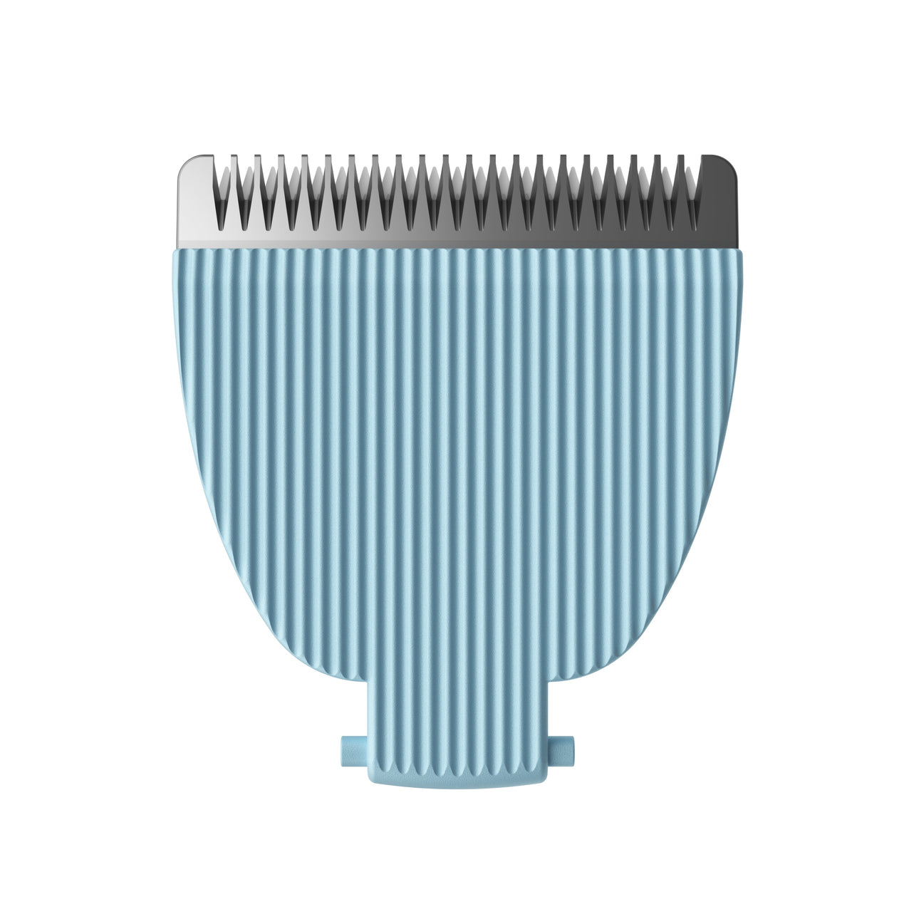Blue textured hair clipper blade attachment with sharp stainless steel teeth for precise grooming.