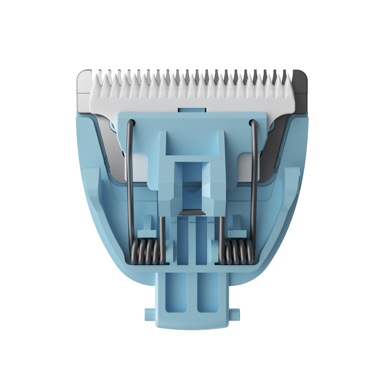 Precision electric hair clipper blade attachment in blue plastic with metal teeth and spring mechanism for grooming tools.