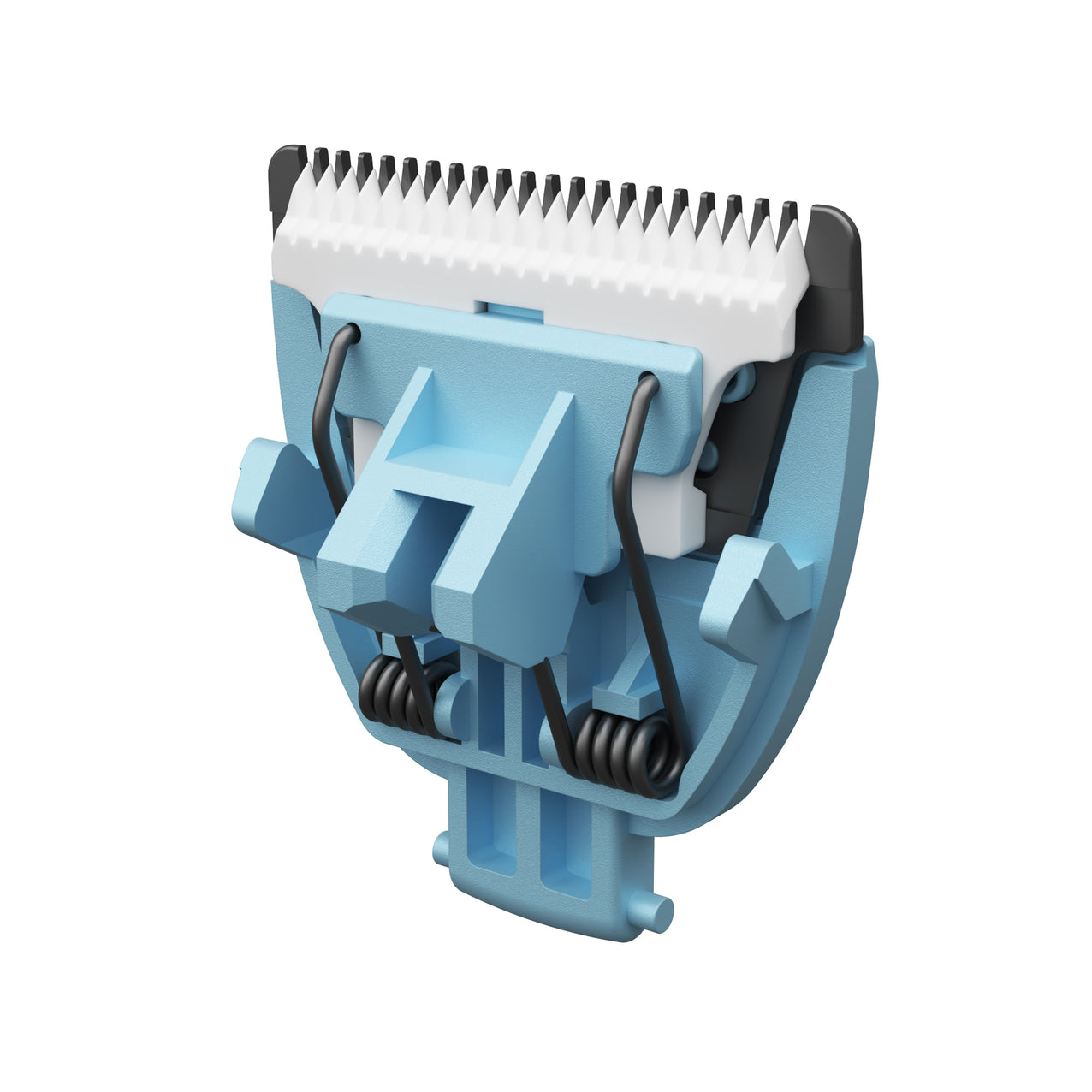 Blue and white ceramic hair clipper blade with black springs, replacement grooming tool for electric trimmers.