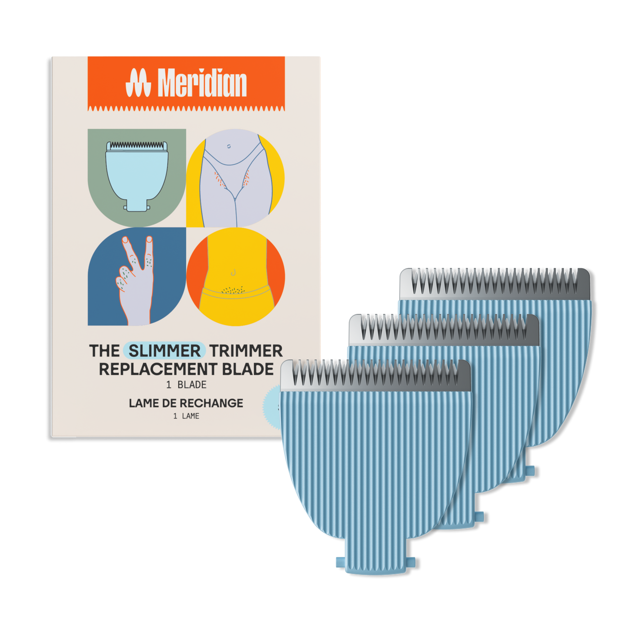 Meridian slimmer trimmer replacement blades with packaging showing body grooming areas and two fingers peace sign.