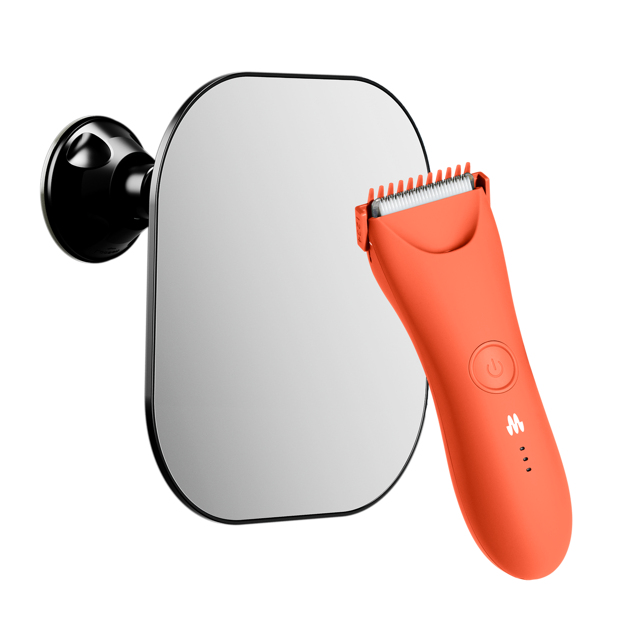 Electric trimmer in orange color positioned next to a wall-mounted mirror.