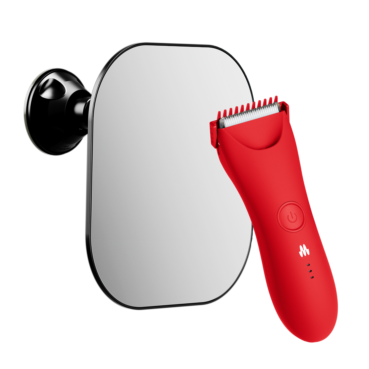 Red electric trimmer positioned in front of a wall-mounted mirror on a black background.
