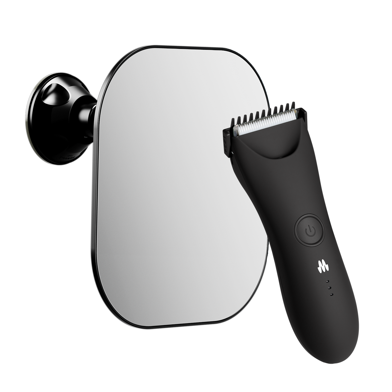 Black electric hair trimmer positioned next to a rectangular wall-mounted mirror.