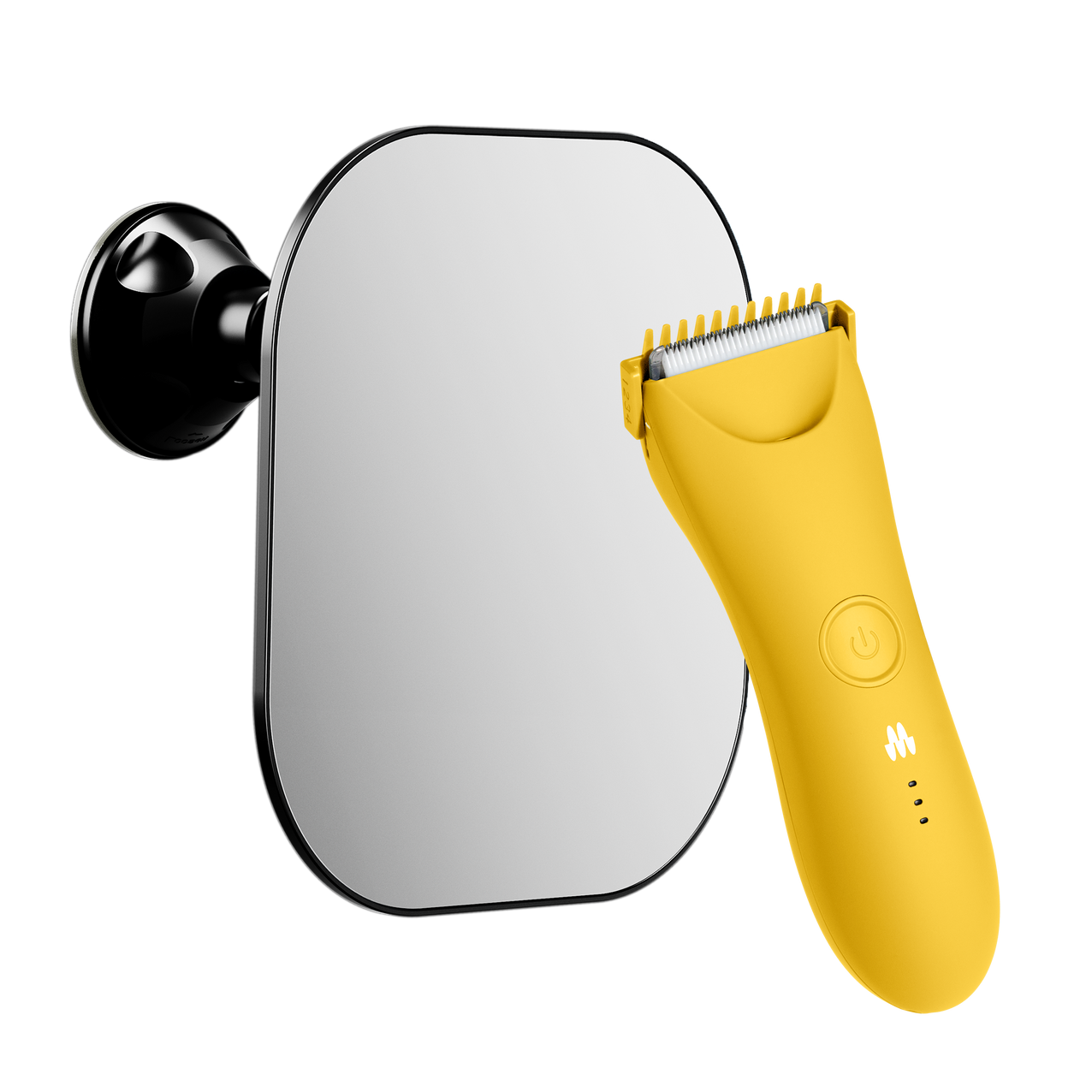 Yellow electric hair trimmer positioned next to a wall-mounted rectangular mirror with rounded edges.