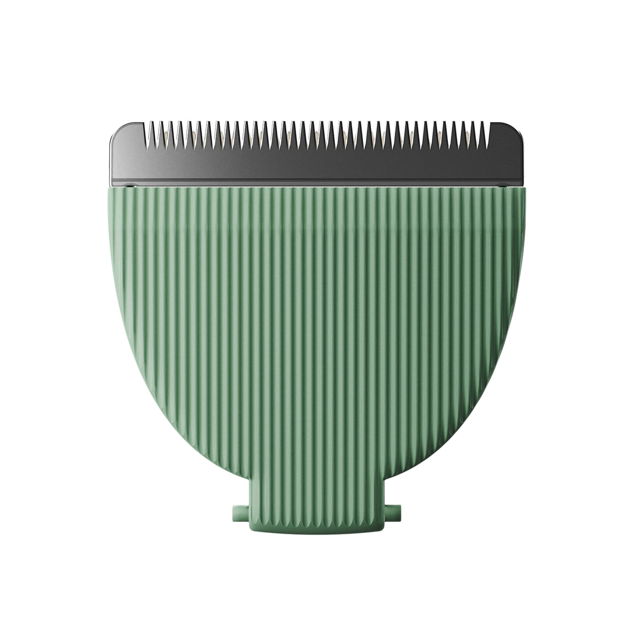 Green electric hair clipper blade attachment with fine, silver cutting teeth for grooming and trimming.