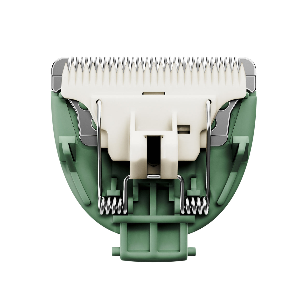 Close-up of electric hair clipper blade assembly with metal teeth and green plastic housing