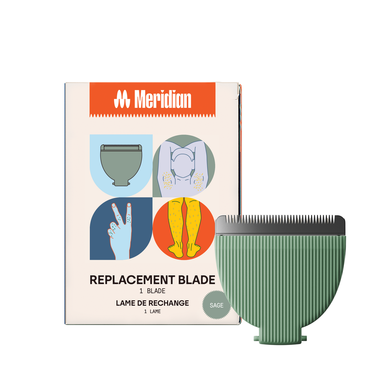 Meridian replacement blade in black with packaging showing body grooming illustrations for armpit, legs, and fingers.