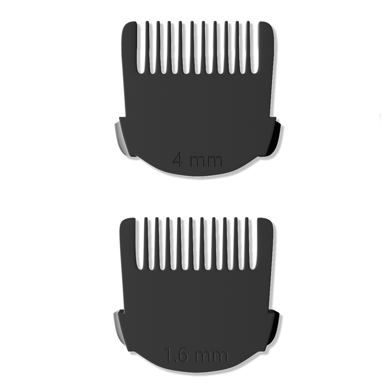 Two black plastic clipper guards labeled 4 mm and 1.6 mm for hair trimming attachments.