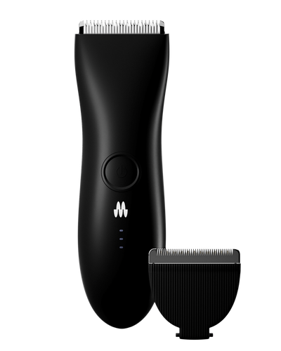 Black electric hair trimmer with a power button and detachable blade attachment.