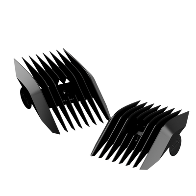 Two black adjustable hair clipper guards against a black background.