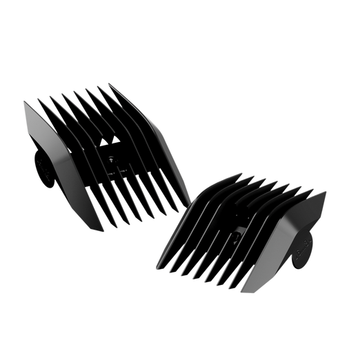 Two black adjustable hair clipper guards against a black background.