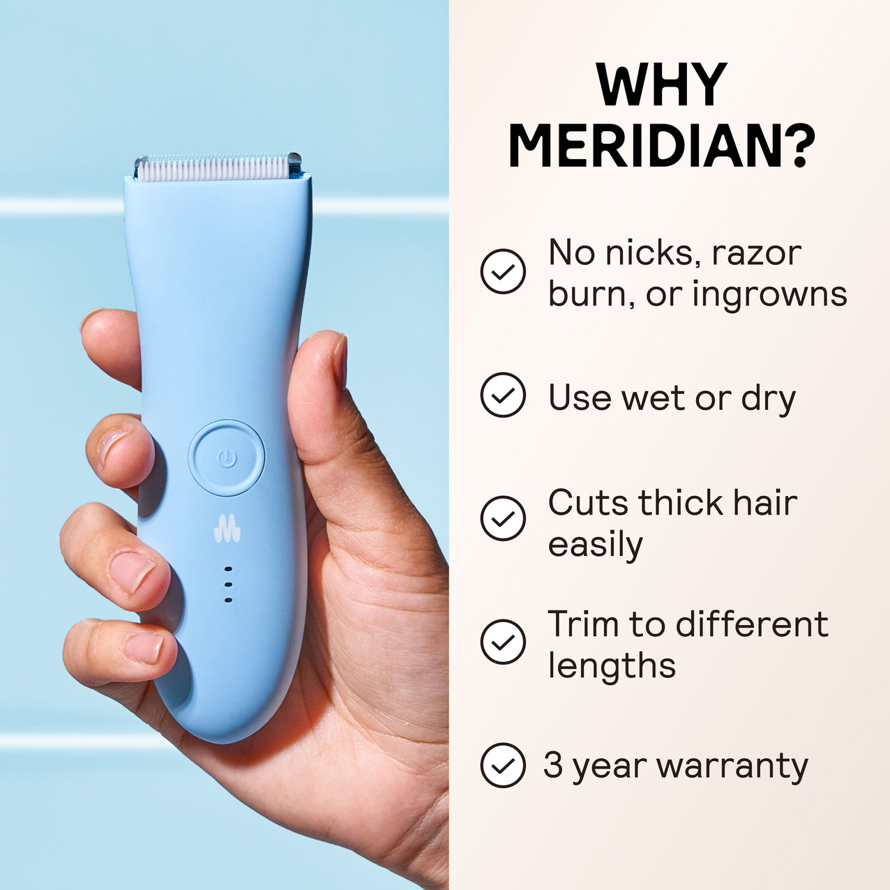 Hand holding blue electric hair trimmer with features: no nicks, wet/dry use, cuts thick hair, adjustable lengths, 3-year warranty.