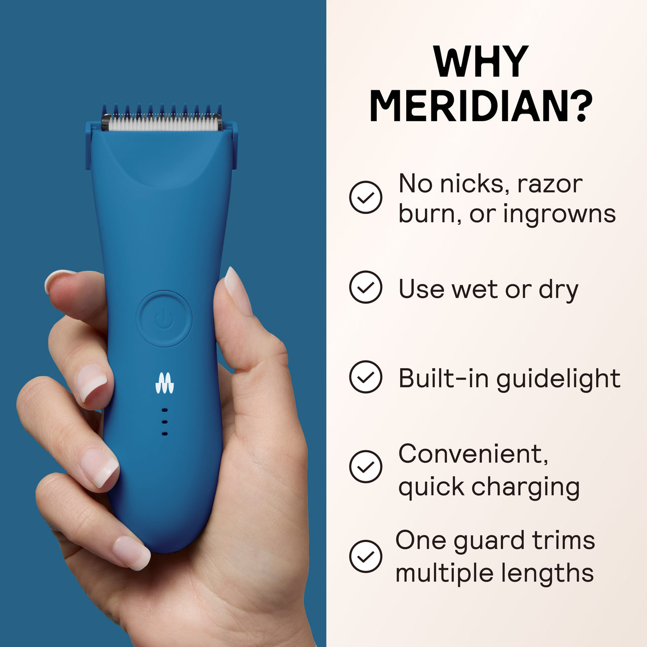 Hand holding blue waterproof electric trimmer with built-in guidelight and quick charging, no nicks or razor burn.