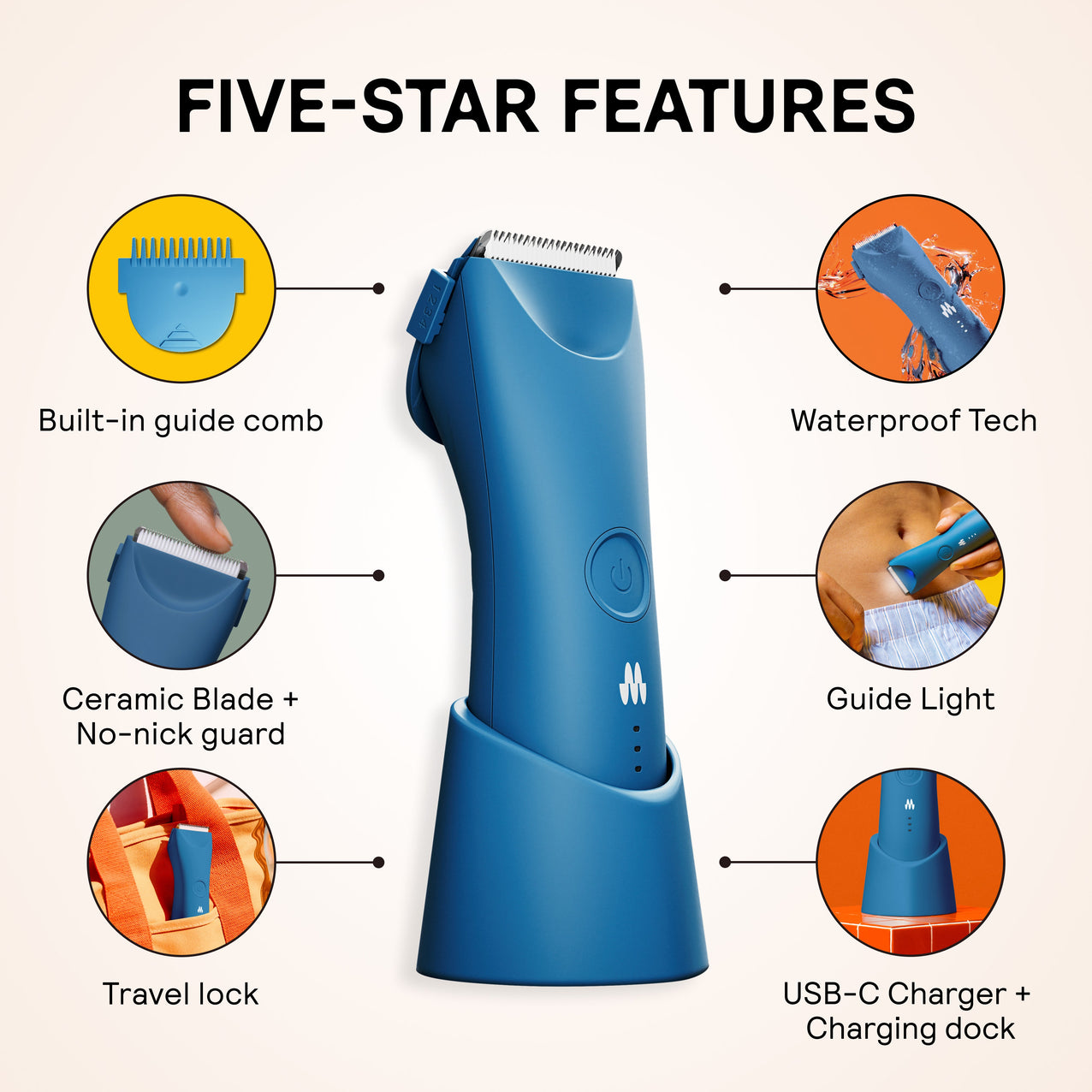 Blue electric trimmer with built-in guide comb, ceramic no-nick blade, waterproof tech, guide light, travel lock, USB-C charger dock.