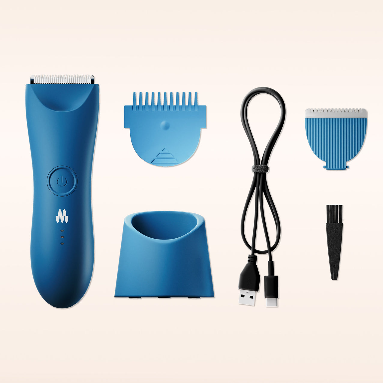 Blue cordless electric hair clipper with adjustable guard, charging dock, USB-C cable, and cleaning brush accessories.