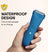 Blue handheld waterproof electric hair trimmer with ergonomic design, held in hand with water droplets on surface.