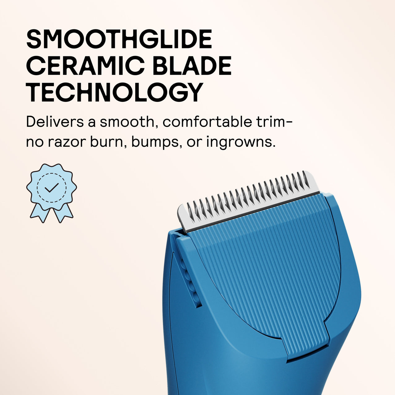 Blue electric trimmer with SmoothGlide ceramic blade technology for comfortable, razor burn-free grooming.