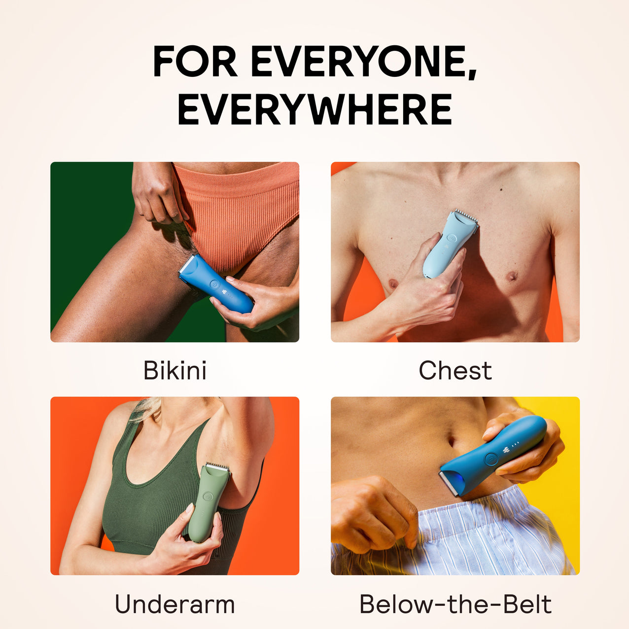 Body grooming electric trimmers used on bikini, chest, underarm, and below-the-belt areas for all skin types and genders.