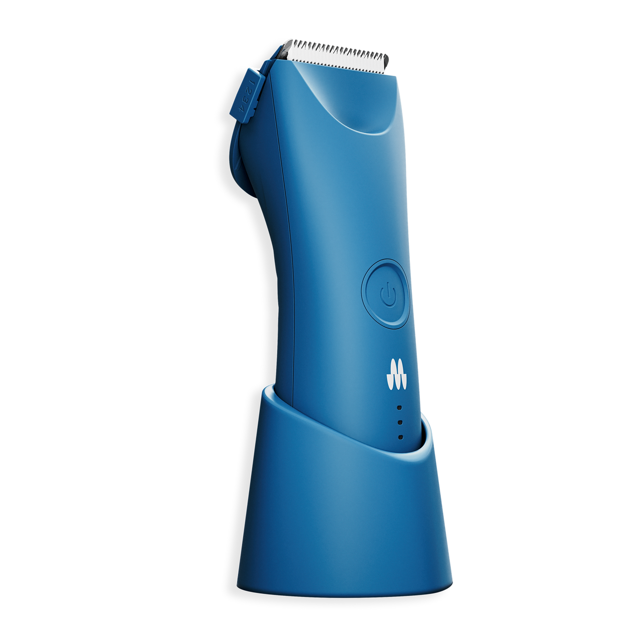 Cordless electric blue hair trimmer with adjustable length comb and power button, standing in matching charging dock.
