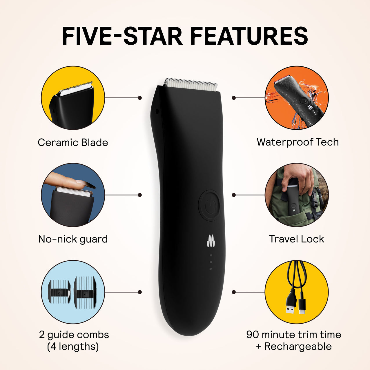 Black cordless hair trimmer with ceramic blade, waterproof tech, no-nick guard, travel lock, 2 guide combs, and 90-minute rechargeable battery.