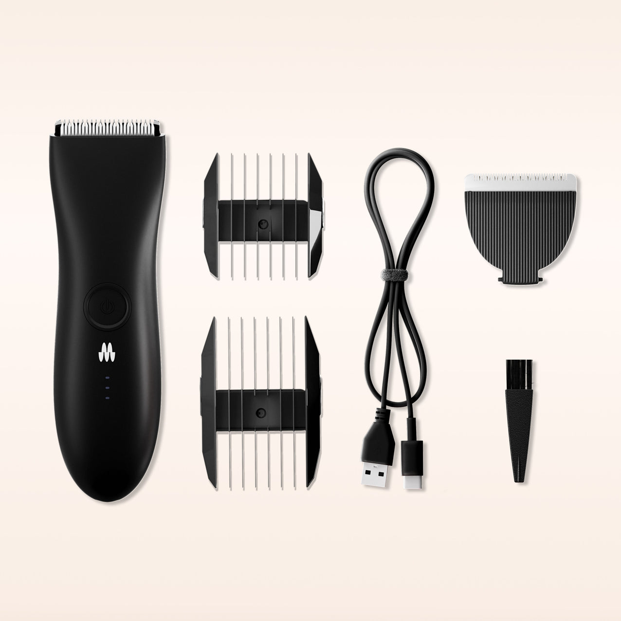 Black cordless electric hair trimmer with two clipper guards, USB charging cable, precision blade, and cleaning brush on neutral background.