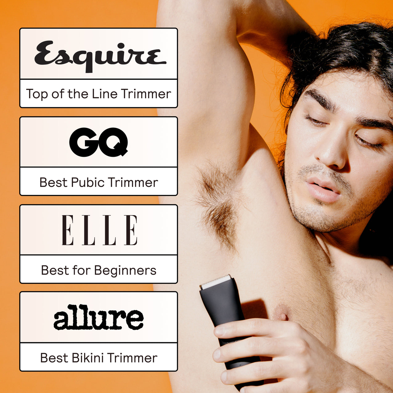 Man using black electric trimmer on armpit hair with top magazine awards for pubic, bikini, beginner trimmers.