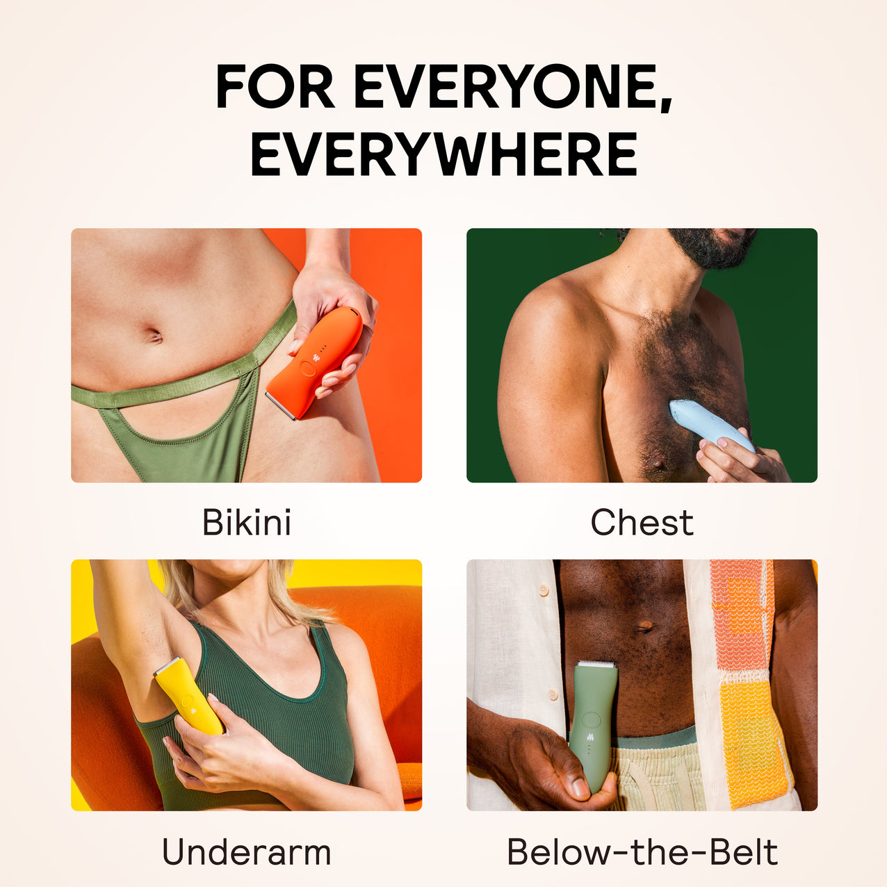 Bikini, chest, underarm, below-the-belt hair trimmers with diverse skin tones, colorful backgrounds, personal grooming tools.
