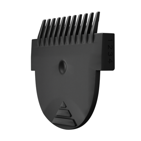 Black plastic clipper guard attachment with numbered length settings for grooming.