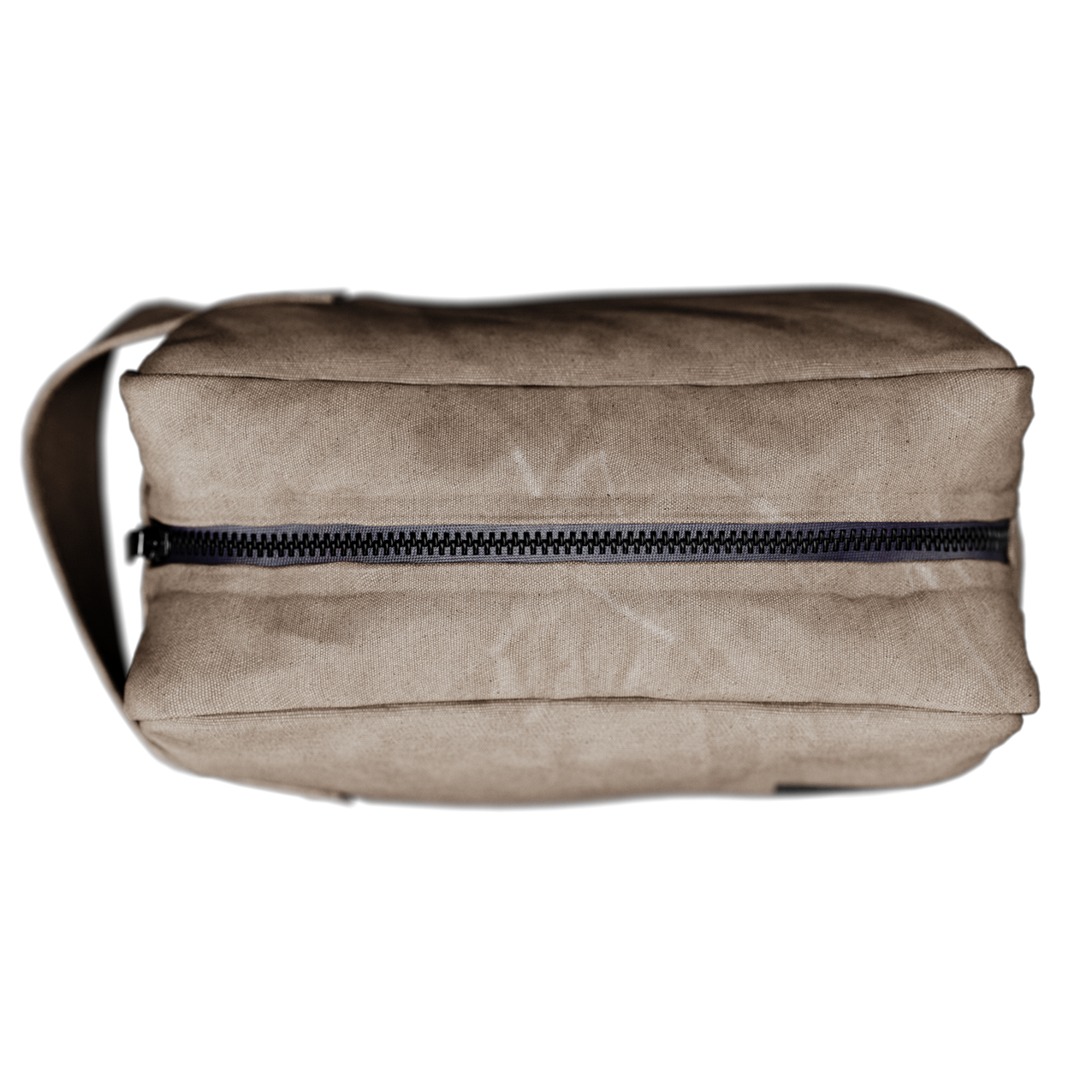 Canvas beige toiletry bag with black zipper and handle strap on a black background.