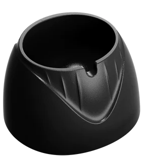 Black grooming tool stand with a curved design and a slot for holding devices.