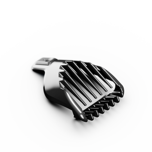 Close-up of a black hair clipper guard attachment on a white background.