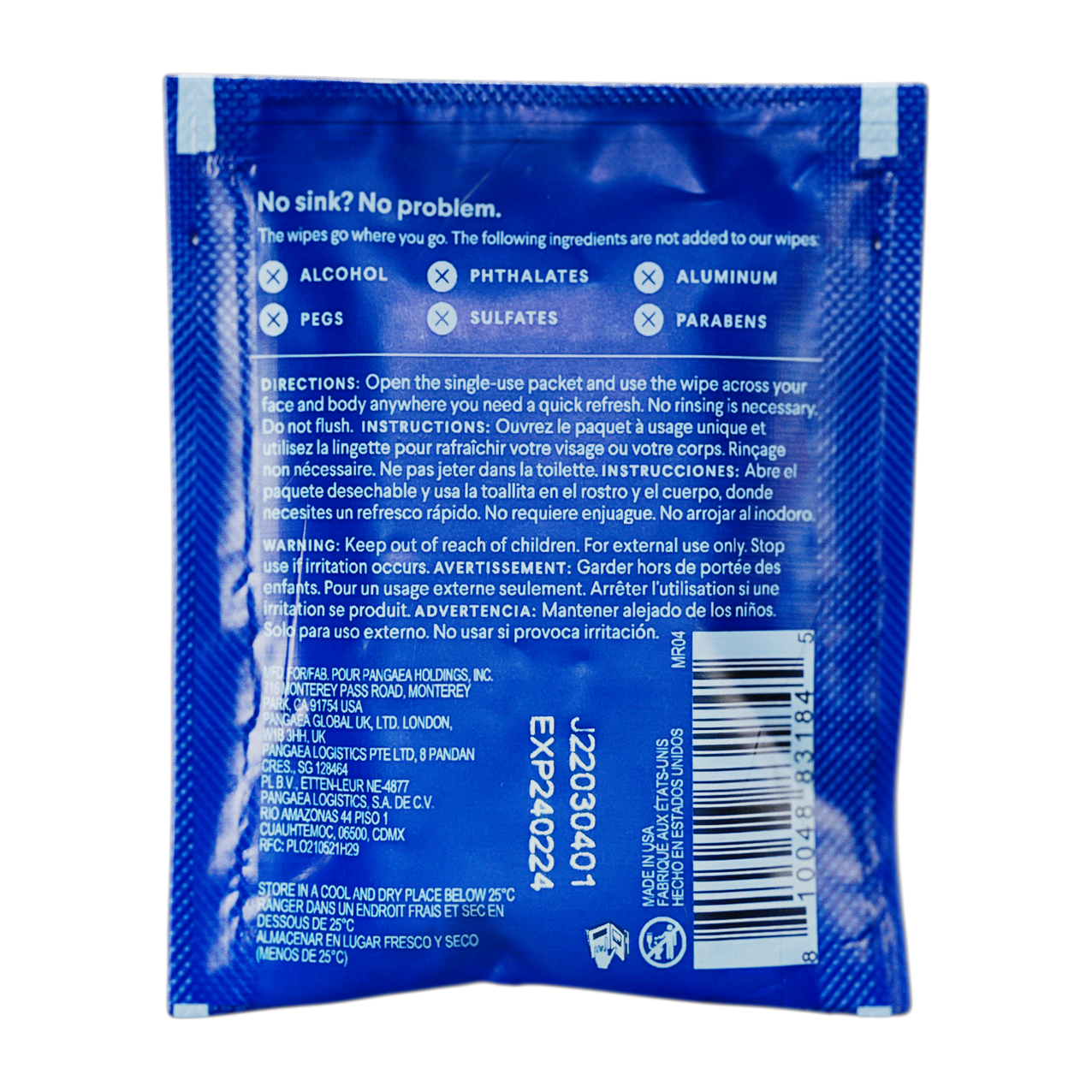 Back of a blue single-use wipe packet listing directions, warnings, and ingredients not included such as alcohol, phthalates, aluminum, PEGs, sulfates, and parabens.