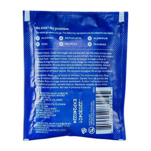 Back of a blue single-use wipe packet listing directions, warnings, and ingredients not included such as alcohol, phthalates, aluminum, PEGs, sulfates, and parabens.