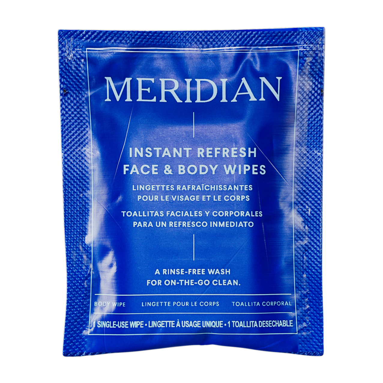 Meridian Instant Refresh Face & Body Wipes single-use packet for a rinse-free, on-the-go clean.