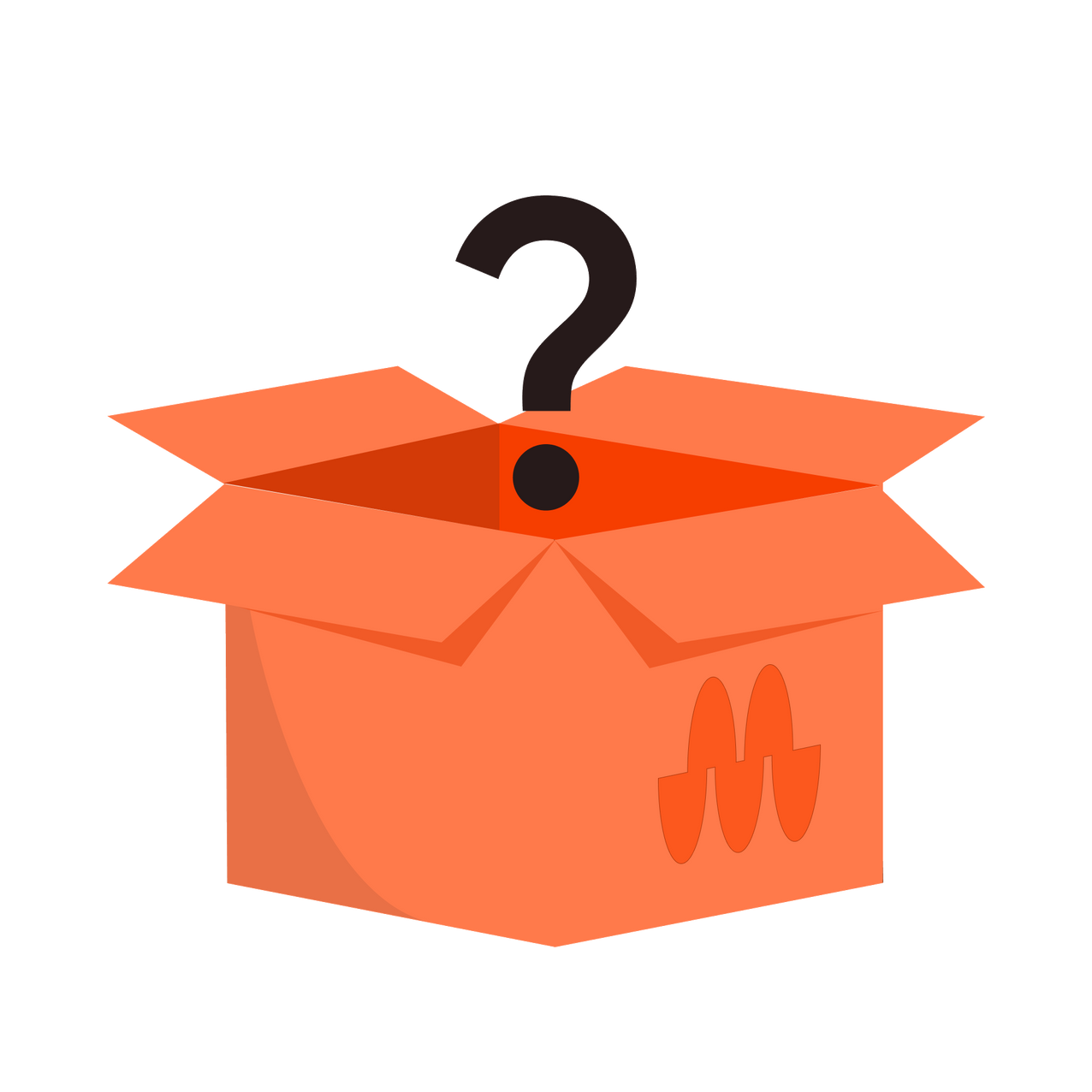 Orange open box with a black question mark floating above it on a black background.