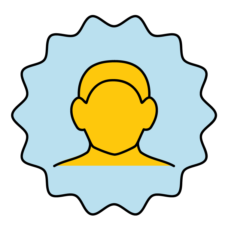 Icon of a stylized yellow male head and shoulders inside a blue starburst shape.